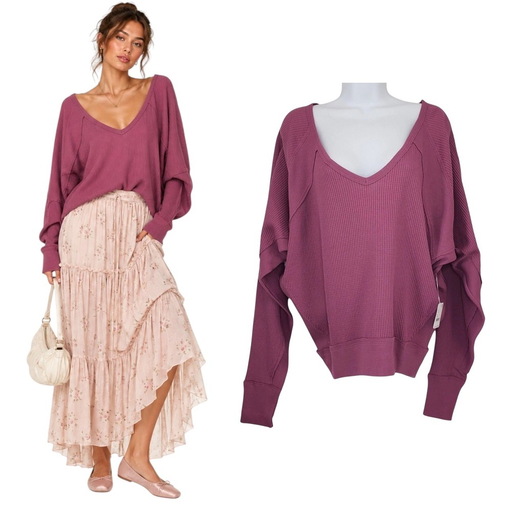 Free People Waffle Knit Top Women XS Oversize Deep Vneck Romantic Chic Mauve NWT